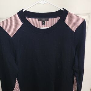 J. Crew Navy Mixed Media Sweater with Red Stripes